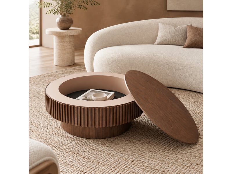  Table basse ronde 75 x 75 x 35 cm en mdf plaqué bois avec rangement noyer chicfurn  - Conforama B