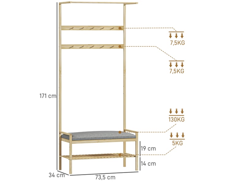  Porte-manteau avec banc à chaussures, crochets à chaussures et compartiment de rangement pour l'entrée, 73,5 x 34 x 171 cm, gris et naturel  - Conforama E