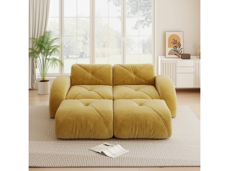  Canapé modulaire 2 places sans armature avec poufs, confort en chenille et mousse 32d, pour salon, jaune  - Conforama C