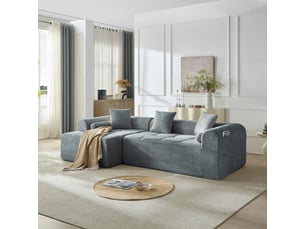 Canapé d'angle, canapé de salon, en tissu chenille, bleu, format compressé, pour salon et séjour, 263 cm
