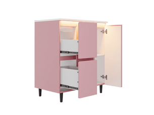 Meuble salle de bain rose sur pied avec vasque en céramique intégrée 76 cm
