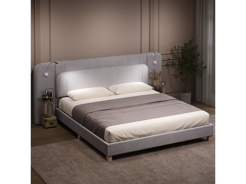  Lit double rembourré 180x200 cm avec 2 chevets intégrés, lit 2 places avec lampes led latérales et rangements à 2 niveaux, velours côtelé, gris OPULERANE TRADING LTD - Conforama B