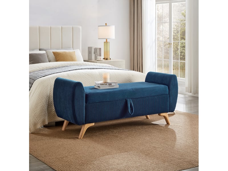  Banquette de rangement 145 x 51 x 57 cm bleu en velours côtelé, coffre à couvercle et pieds en bois  - Conforama B