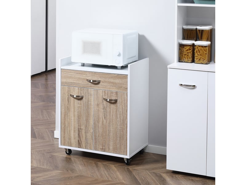  Chariot de service desserte de cuisine à roulettes tiroir placard 2 portes étagère en bois aspect blanc chêne clair  - Conforama D