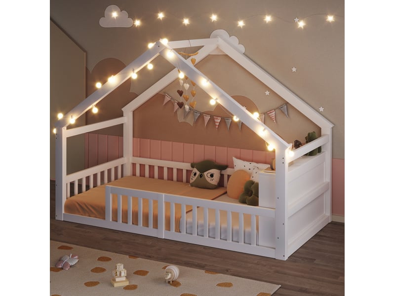 Lit enfant 90 x 190 cm maison avec led, étagères et barrières de sécurité, blanc  - Conforama B