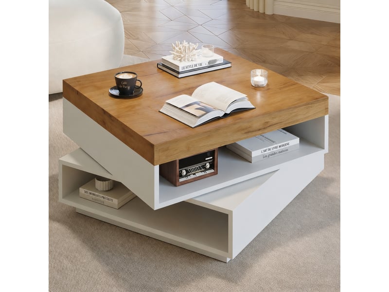 Table basse carrée 65 x 65 x 40 cm, plateau pivotant 360°, led et rangements, blanc et effet chêne - Conforama C
