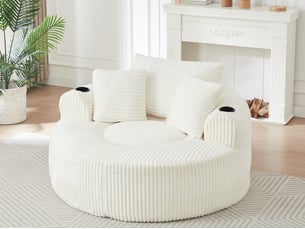 Canapé droit, canapé lounge rond en velours côtelé, avec 3 coussins, 2 porte-gobelets, pour salon ou chambre, 63 x 142 x 142 cm, beige