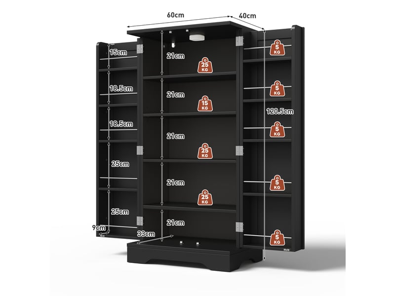  Armoire rangement 60x40x120 cm, buffet de cuisine, meuble salon chambre avec led capteur, portes motif 3d, mdf, noir  - Conforama C