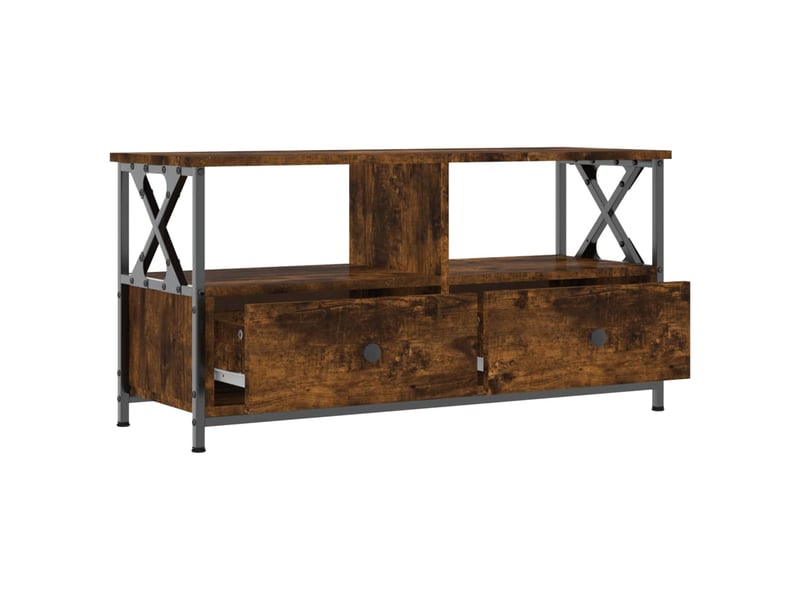  Meuble tv - banc tv - meuble de rangement chêne fumé 90x33x45 cm bois d'ingénierie et fer  - Conforama D