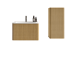 Meuble sous vasque avec meuble latéral suspendu, vasque blanche et rangement pour salle de bain moderne en mdf effet chêne