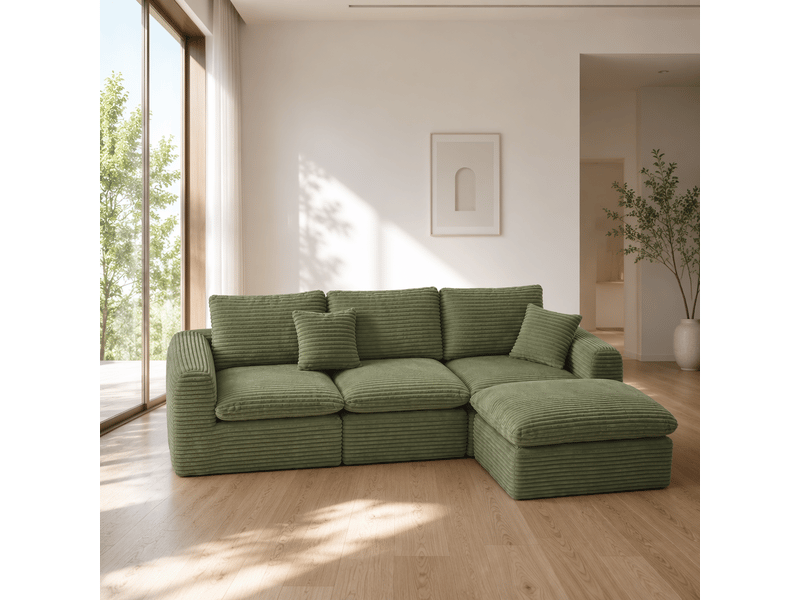  Canapé d'angle modulaire 3 places convertible en couchage avec 3 modules en velours côtelé vert, 280 × 180 × 65 cm  - Conforama B