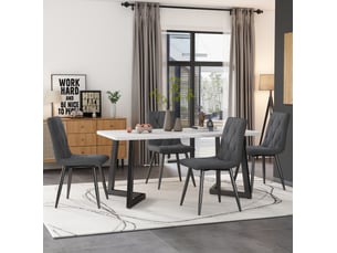 Lot de 4 chaises salle à manger, assise revêtement lin gris, design chevrons, structure métal noir, dossier ergonomique