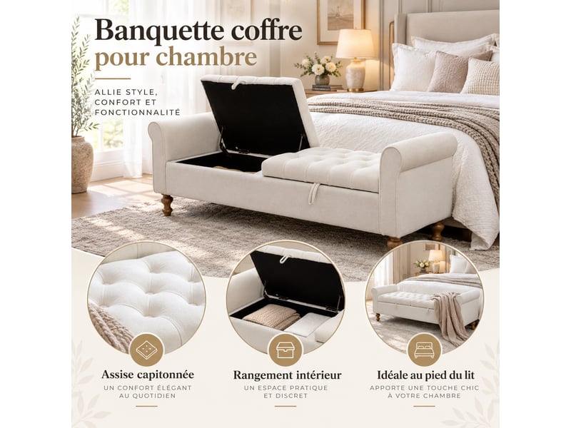  Banquette convertible en velours greige 156 x 46 x 51 cm, 2 couvercles rangement,avec accoudoirs roulés  - Conforama E