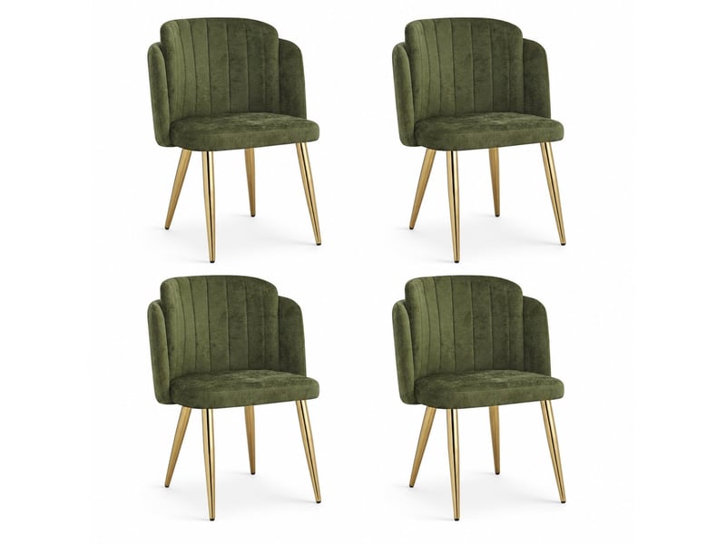  Lot de 4 chaises de salle à manger 58,5x62x78 cm, dossier incurvé, patins réglables, métal, polyester, vert et doré  - Conforama A