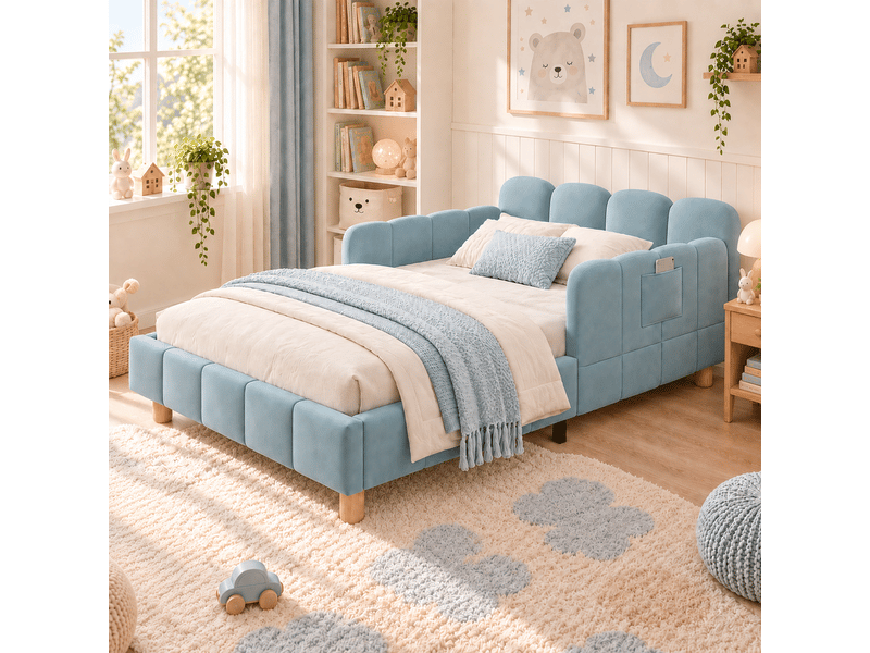 Lit simple bleu en velours, 90x200 cm, lit enfant avec tête ergonomique et rangement dans accoudoirs - Conforama B