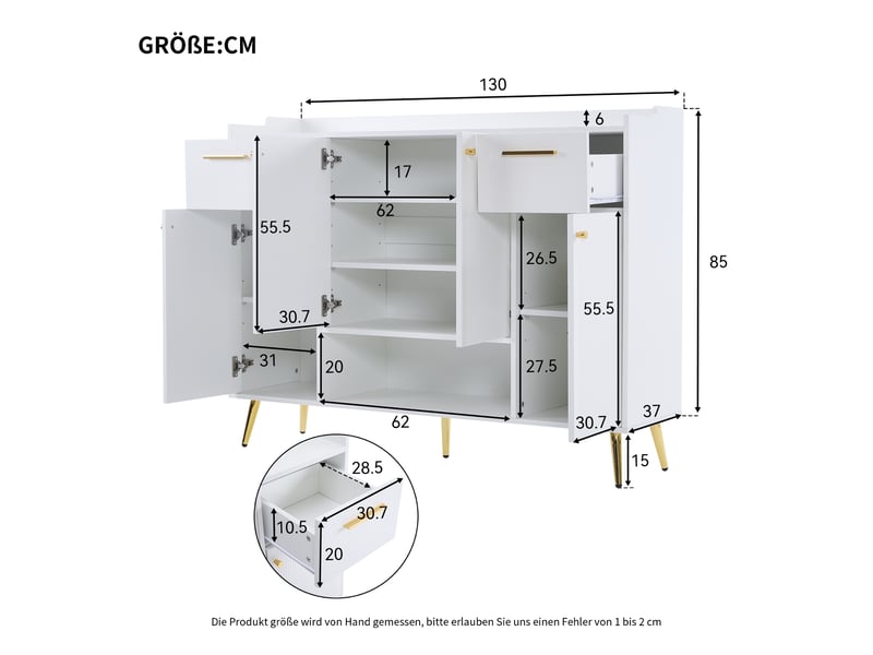  Meuble à chaussures avec 4 portes, 2 tiroirs et une niche ouverte, en panneaux de particules blancs, 130 × 37 × 100 cm  - Conforama D