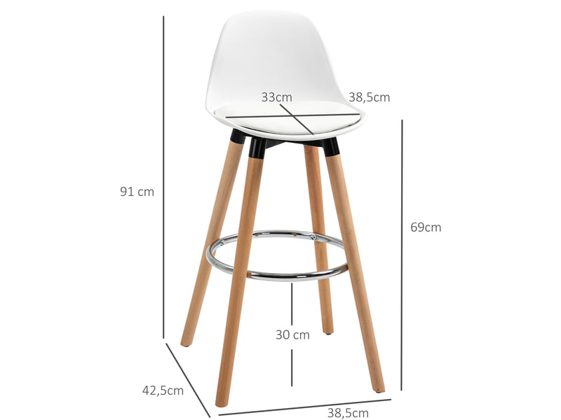  Lot de 2 tabourets de bar avec dossier incurvé et repose-pieds, style scandinave, en cuir synthétique blanc  - Conforama D