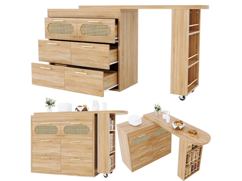  Table de bar extensible et rotative 128-203 cm avec 6 tiroirs en mdf naturel  - Conforama A