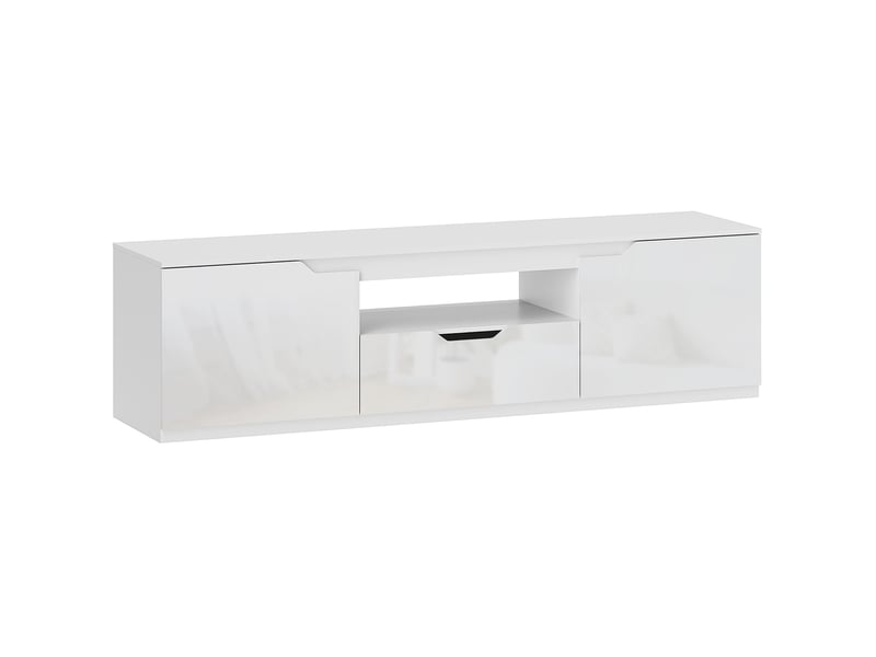  Meuble tv ulevr 160 cm avec rangement, 2 portes, tiroir et passe-câbles, blanc, pour téléviseur jusqu’à 65 pouces  - Conforama A