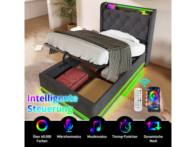  Lit 1 personne 90x200 cm avec led et usb, cadre de lit avec matelas et tête de lit en lin, lit simple, gris  - Conforama W