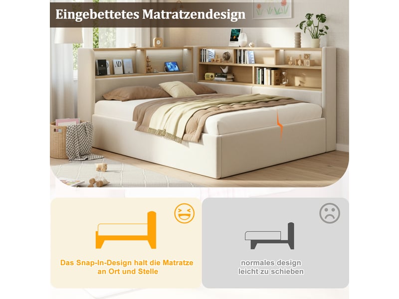  Lit banquette coffre 140x190 cm gris en velours avec rangement hydraulique, led, usb, dossier rembourré et fonction canapé lit Morn Vibe - Conforama D