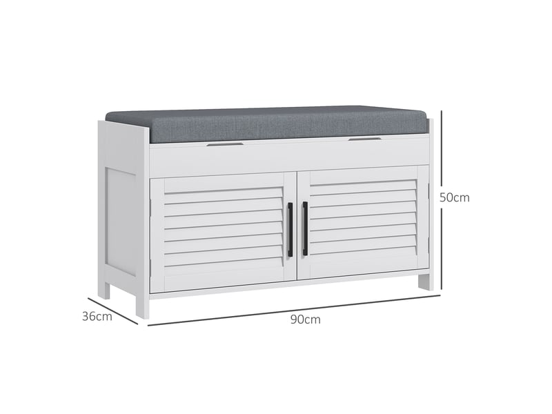  Banc à chaussures avec étagère intérieure réglable à 6 niveaux, en mdf et imitation lin, 90 x 36 x 50 cm, blanc et gris  - Conforama E