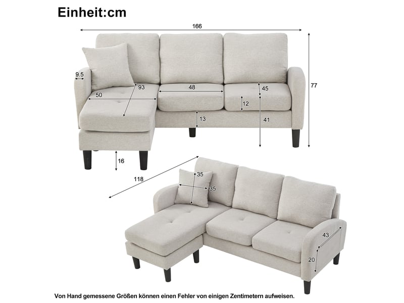 Canapé d'angle modenvie modulable 3 places avec méridienne réversible 166 x 118 x 77 cm coton et lin beige gris blanc - Conforama C