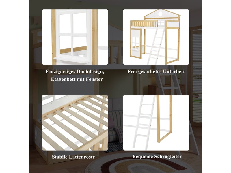  Lit mezzanine enfant 90x200 cm, design avec toit et fenêtres, un sommier, bois, blanc+naturel, sans matelas  - Conforama E