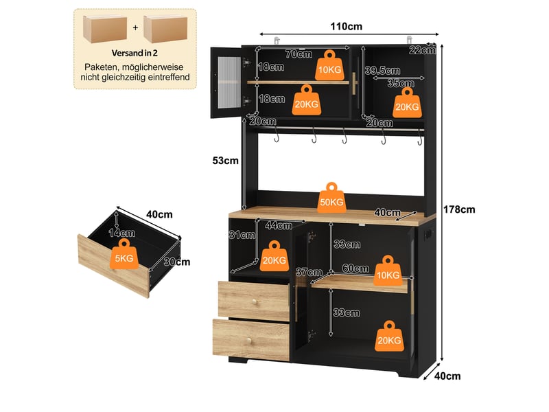  Buffet de cuisine haut 4 portes vitrées, 2 tiroirs, led et prises pour cuisine en mdf noir 110 × 40 × 178 cm  - Conforama C
