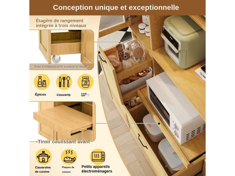 Servers, sideboards &amp; buffets - planche haute avec étagères réglables et tiroirs, armoire de cuisine avec étagères gigogne - mdf - natural - 98 x 40 x 177 cm - usage domestique - installation simple DE000044AAN - Conforama B