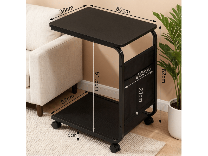  Bout de canapé 50x62x35 cm en bois d'ingénierie e1, métal et toile avec rangement et roulettes noir chicfurn  - Conforama D