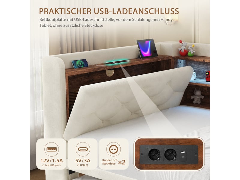  Lit banquette gigogne 90x190 cm en velours beige avec rangement, led, usb et type-c  - Conforama D