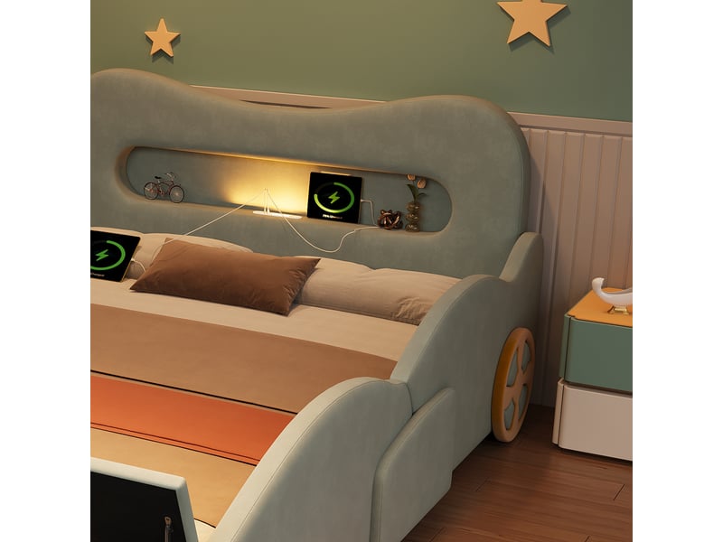 Lit rembourré pour enfants 140x200cm - design automobile - avec liseuses, ports de charge et espaces de rangement - tissu velours - vert (sans matelas) - Conforama W