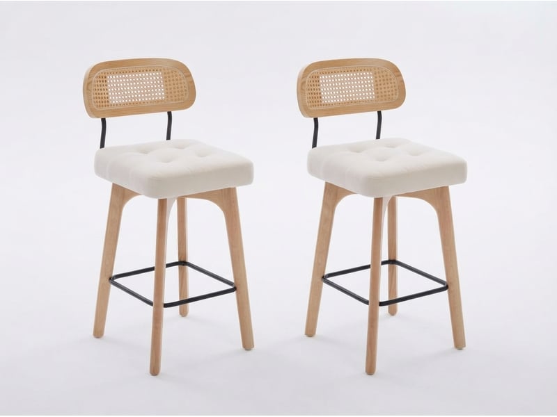  Lot de 2 tabourets de bar pivotants avec dossier effet rotin et assise en chenille beige, piètement bois et métal, design pour îlot central et cuisine  - Conforama A
