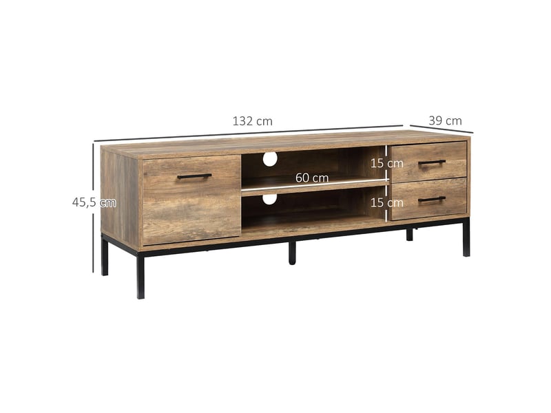  Meuble tv 1 placard 2 tiroirs et étagère métal marron noir 132 x 39 x 45,5 cm  - Conforama C