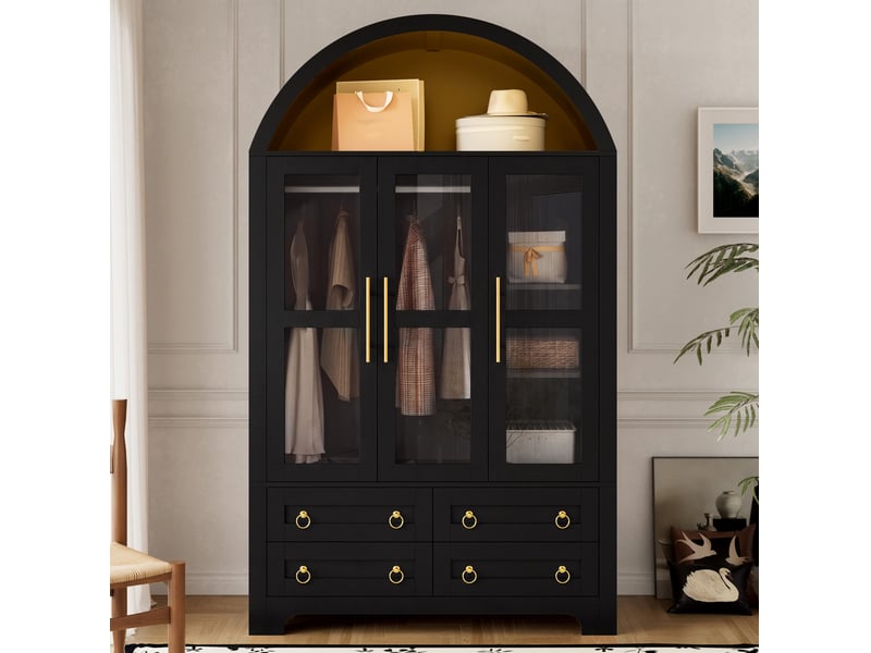  Armoire avec 3 portes vitrées, 4 tiroirs et led 110x50x186 cm noir  - Conforama B