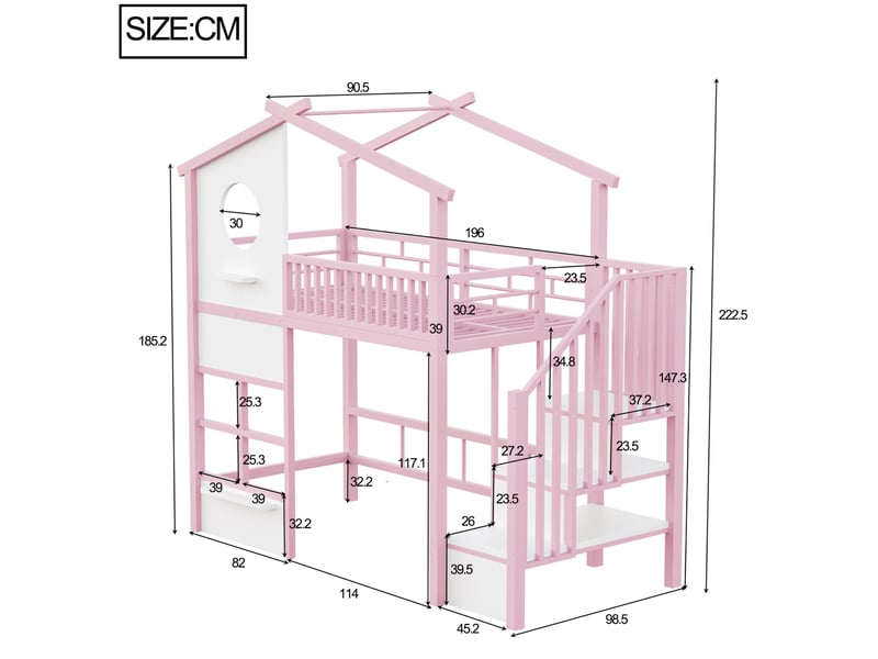  Lit mezzanine maison 90x200 cm avec éclairage led et escalier avec rangement, métal, rose et blanc, vendu sans matelas  - Conforama C