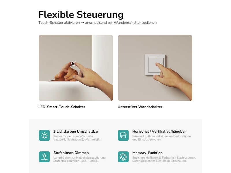Emke miroir led salle de bain rétroéclairé 60x100 cm, interrupteur tactile, fonction mémoire, 3 couleurs - Conforama E