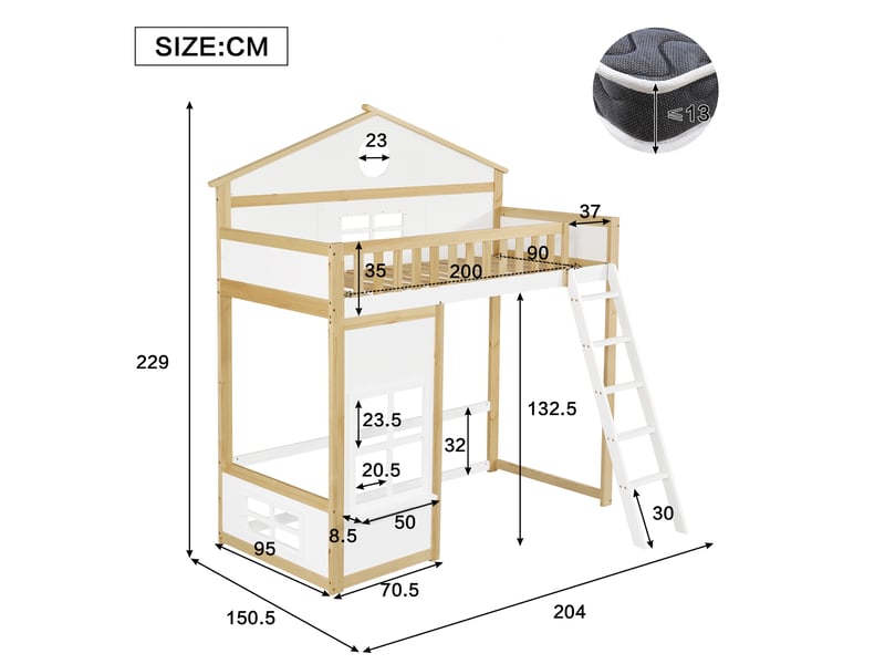  Lit mezzanine enfant 90x200 cm, design avec toit et fenêtres, un sommier, bois, blanc+naturel, sans matelas  - Conforama C