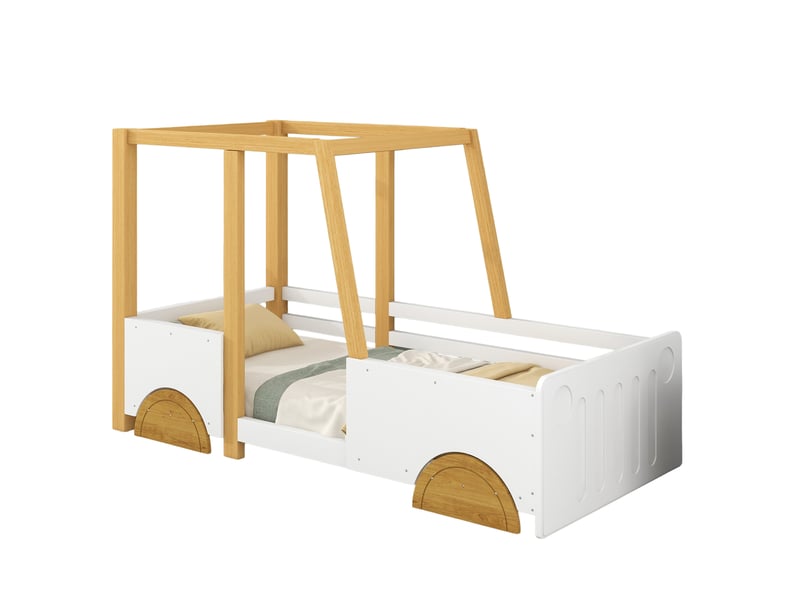 Lit enfant 90x200 cm - lit voiture avec roulettes et design cabane amusant - blanc  - Conforama A