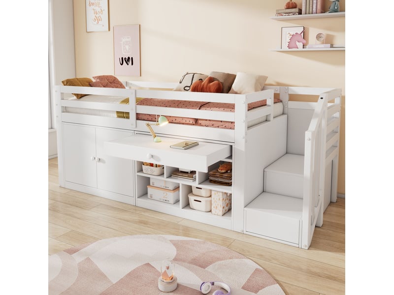  Modenvie lit enfant combiné 90x200 cm - avec rangement, escalier réversible, sommier inclus, sans matelas - blanc  - Conforama E