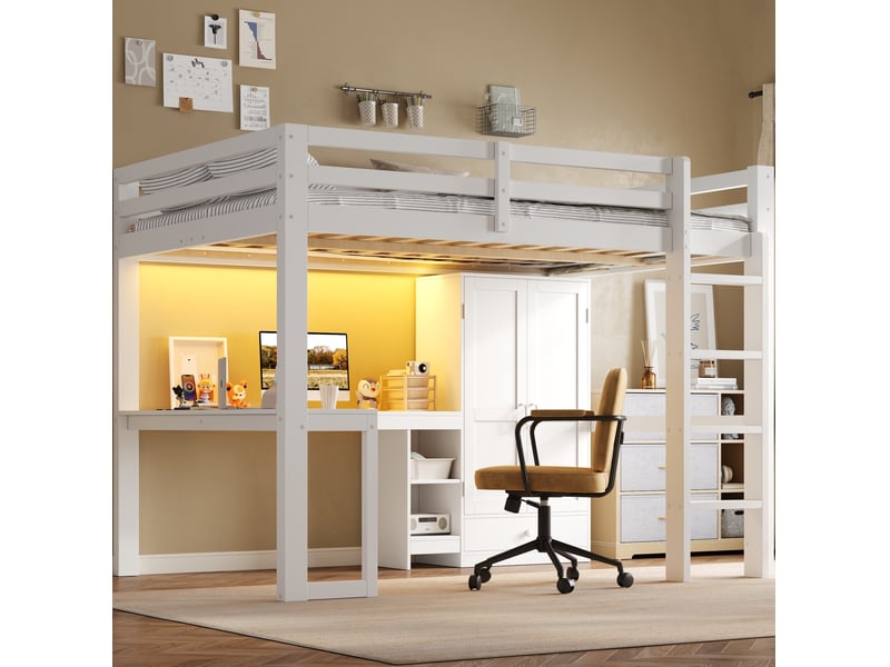 Lit mezzanine 140x200 cm avec bureau, rangements, led et usb blanc  - Conforama B