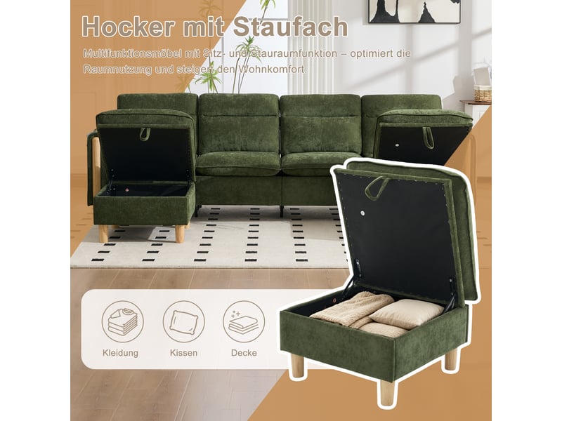 Grand canapé en u avec 2 poufs à rangement, modulable 4 places, pieds en bois, chenille vert - Conforama D