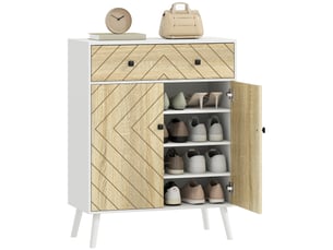 Meuble à chaussures d'entrée avec 2 portes, étagères réglables, tiroir pour 12 paires de chaussures, 75 x 35 x 97 cm, blanc et naturel