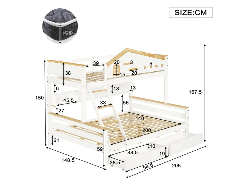  Lit superposé enfant 90x200 et 140x200 cm avec tiroirs, blanc et naturel  - Conforama C