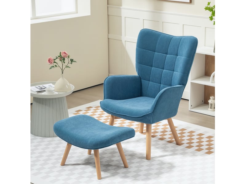  Fauteuil avec pouf à dossier haut capitonné et repose-pieds assorti, pieds en bois de hêtre, en velours côtelé bleu  - Conforama B