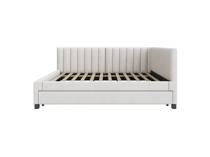  Lit banquette 200×140 cm avec couchage gigogne 190×90 cm et sommier à lattes, sans matelas, en velours beige  - Conforama E
