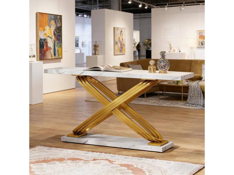  Table console 140x35x80 cm blanche et dorée avec structure métallique en x  - Conforama D