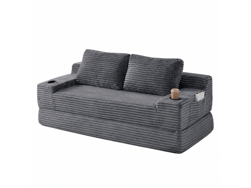 Canapé-lit convertible 2-en-1 en velours côtelé, avec 2 coussins, porte-gobelets intégrés et poches de rangement latérales - gris - Conforama A