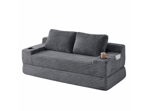 Canapé-lit convertible 2-en-1 en velours côtelé, avec 2 coussins, porte-gobelets intégrés et poches de rangement latérales - gris